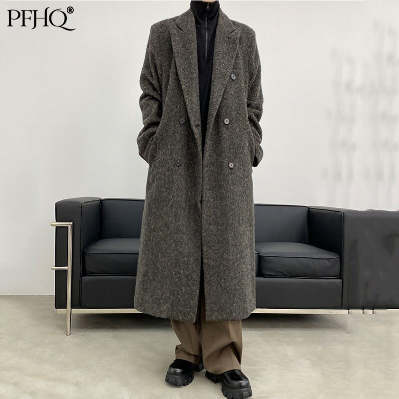 PFHQ 2022 남자 새 패션 노치 블랙 그레이 가을 겨울 더블 브레스트 긴 느슨한 섬세 한 한국어 스타일 모직 코트 21E5020